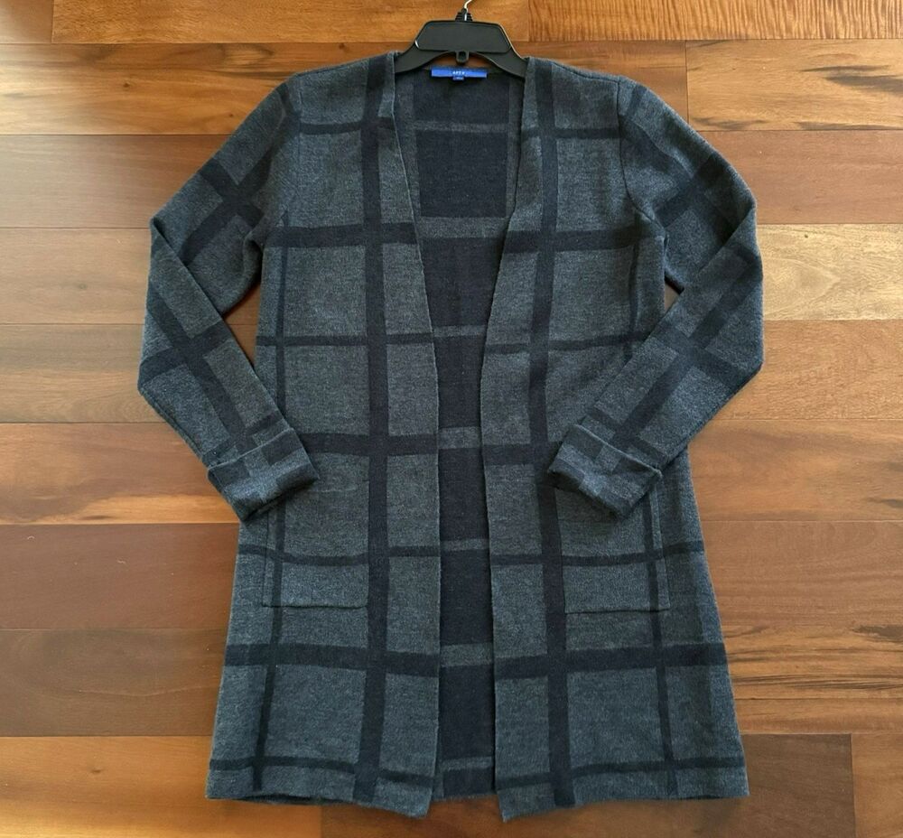 Women’s APT 9 Cardigan Size M Gray Black Windowpane Long Sleeve Duster Sweater